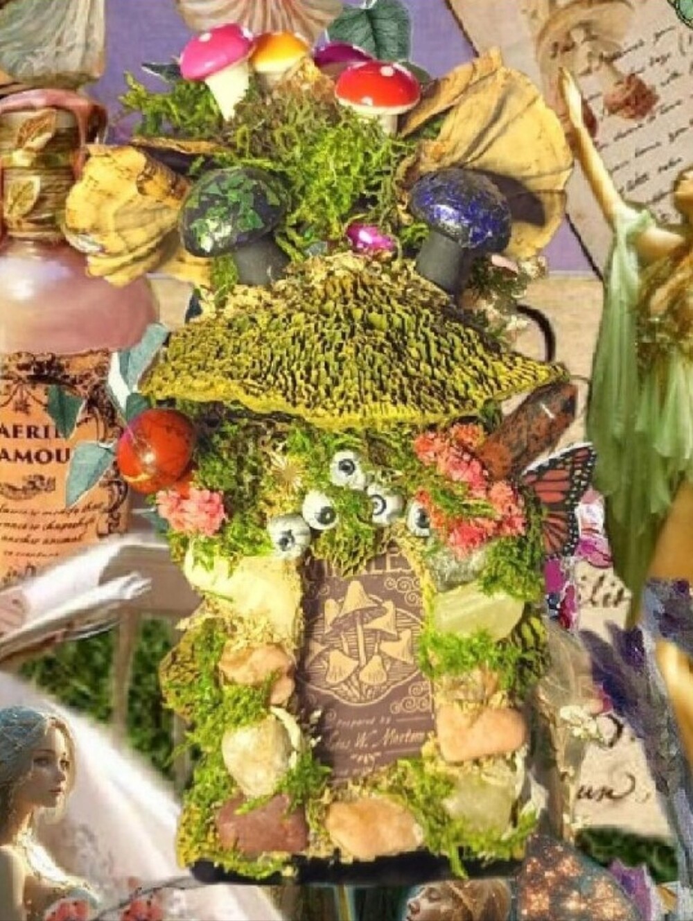 Handmade Mushroom Potion Bottle/Fairy House W/ Crystals Flowers Mushrooms & Moss